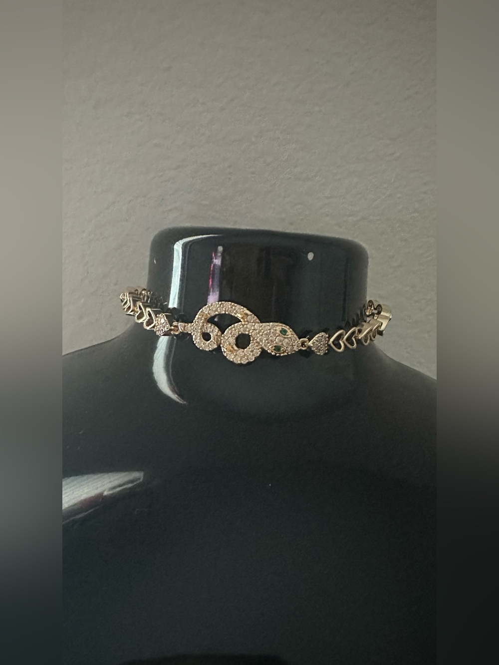 925 Gold-Tone Pave Snake Choker Necklace with Green Accent